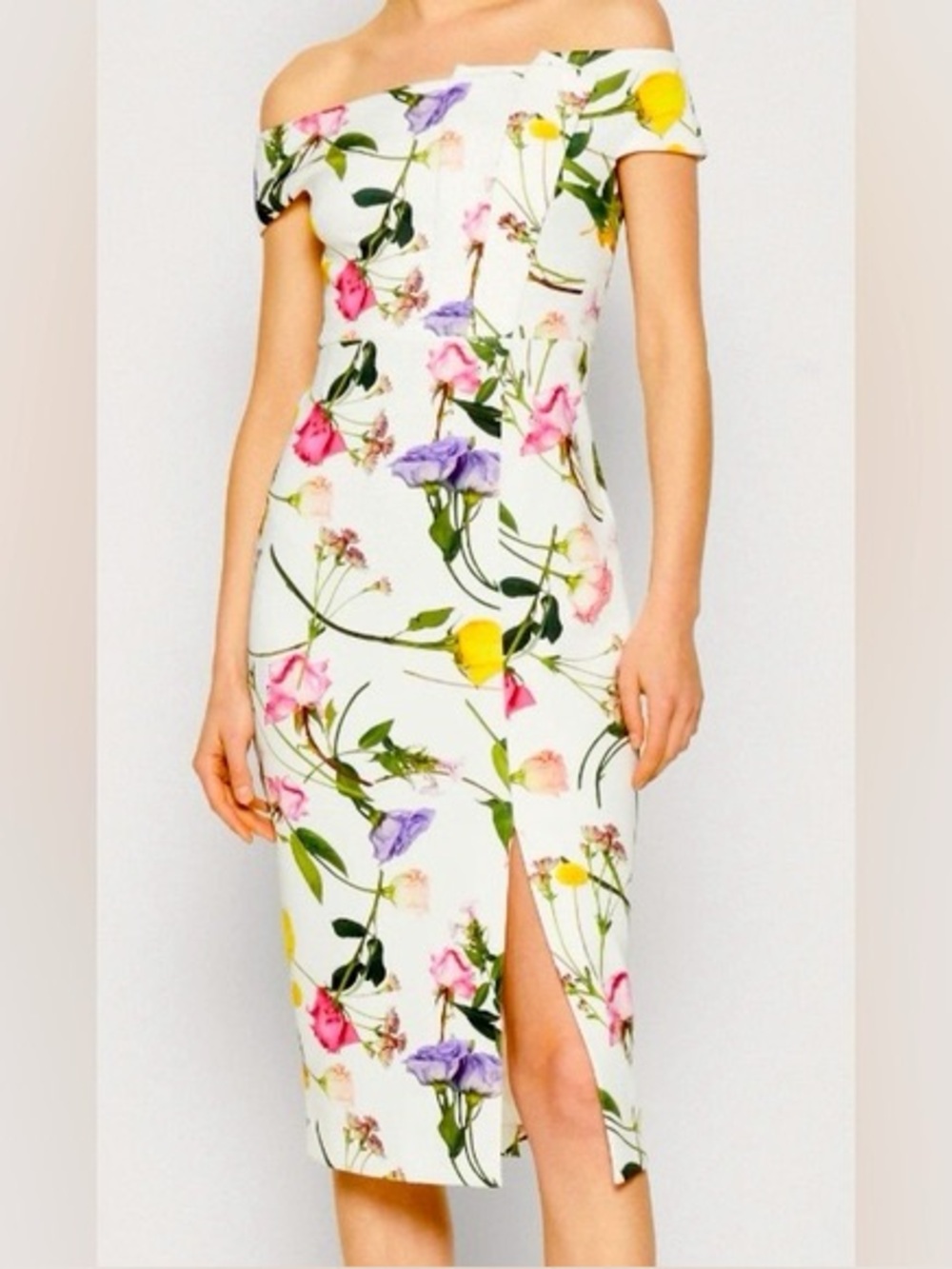 Ted Baker Loveina Bardot Off Shoulder Bodycon‎ Dress Sz1 SM White Floral Print